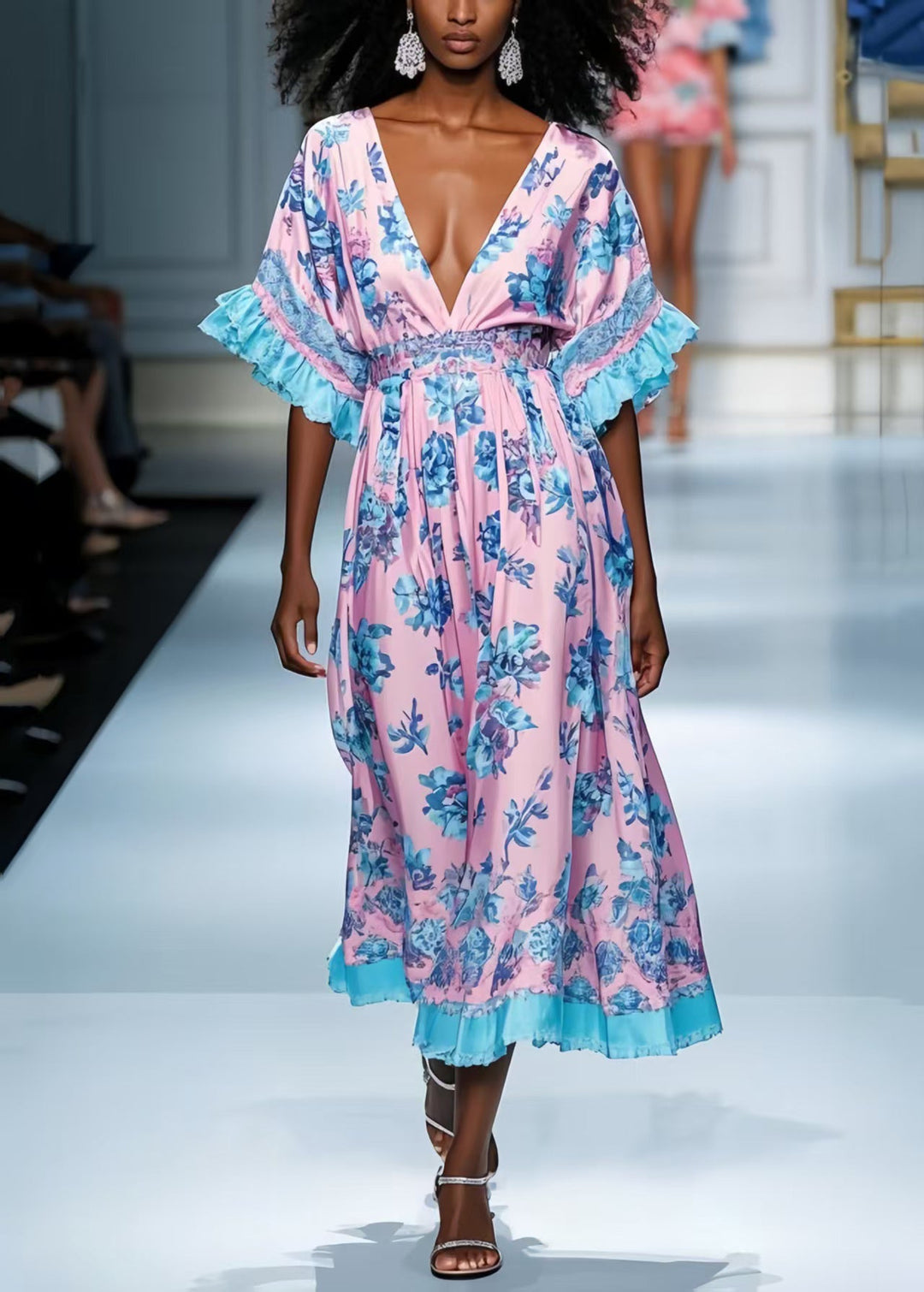 Style Pink Deep-V Neck Print Silk Dress Summer