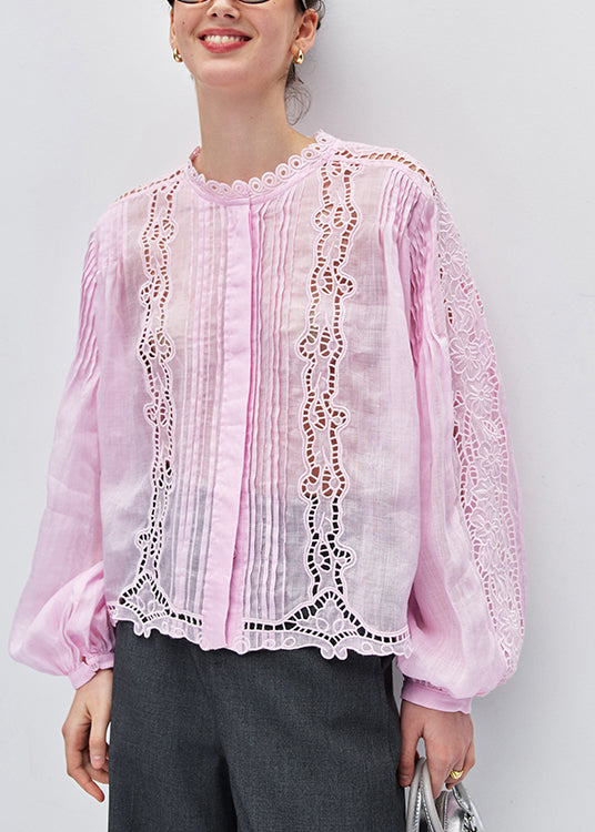 Style Pink Hollow Out Embroidered Linen Shirt Tops Fall