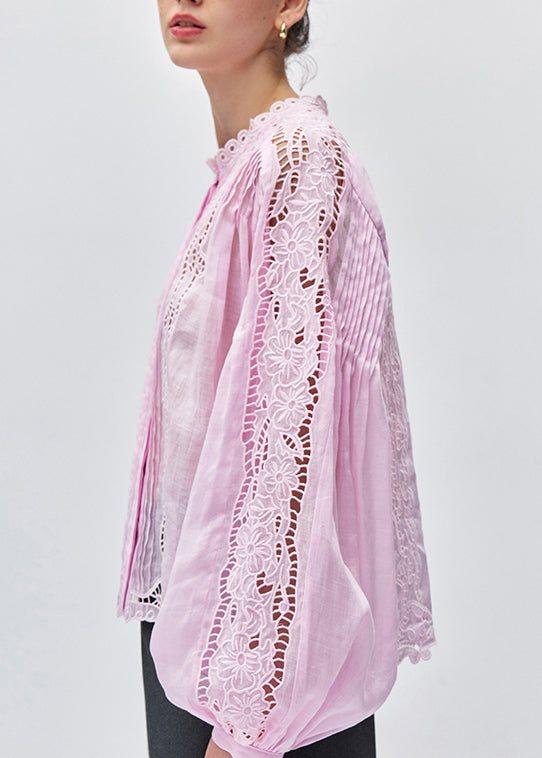 Style Pink Hollow Out Embroidered Linen Shirt Tops Fall