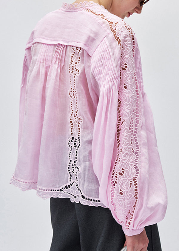 Style Pink Hollow Out Embroidered Linen Shirt Tops Fall