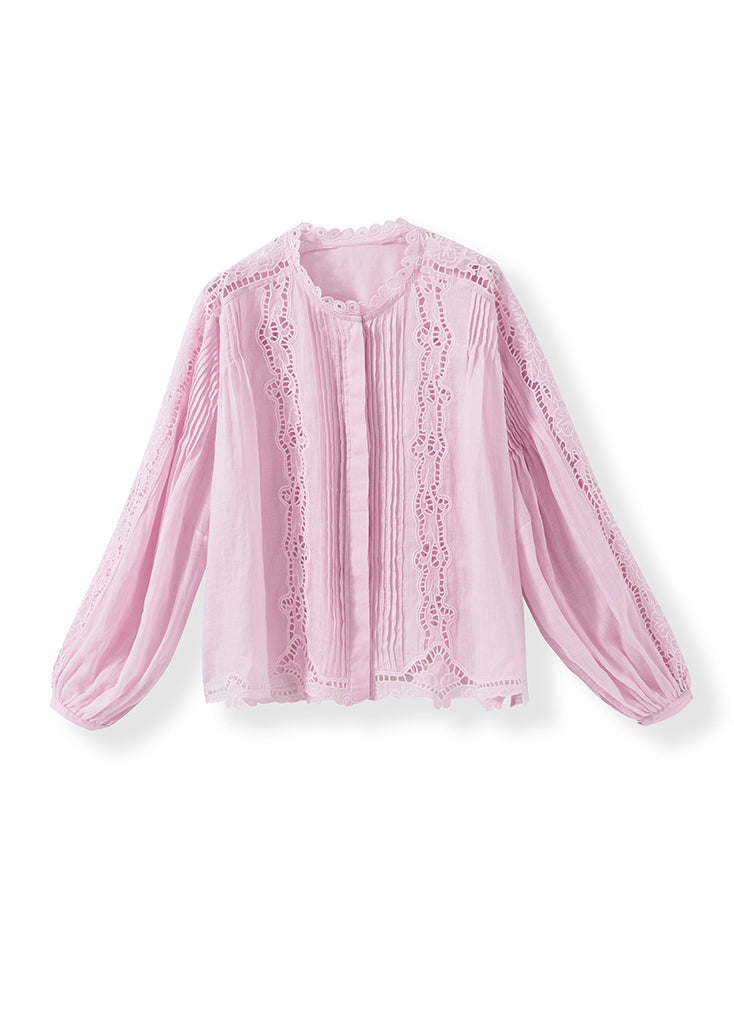Style Pink Hollow Out Embroidered Linen Shirt Tops Fall