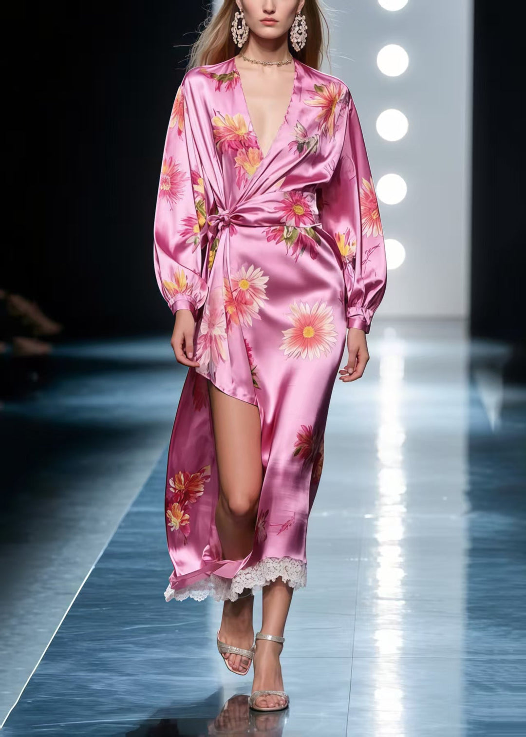 Style Purple Asymmetrical Print Silk Tunic Dress Spring