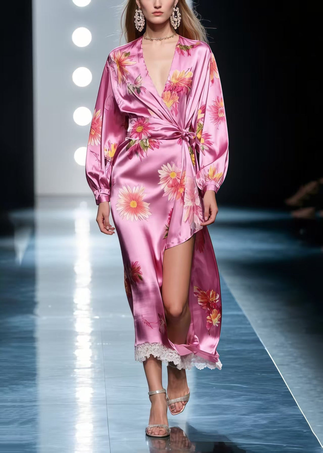 Style Purple Asymmetrical Print Silk Tunic Dress Spring