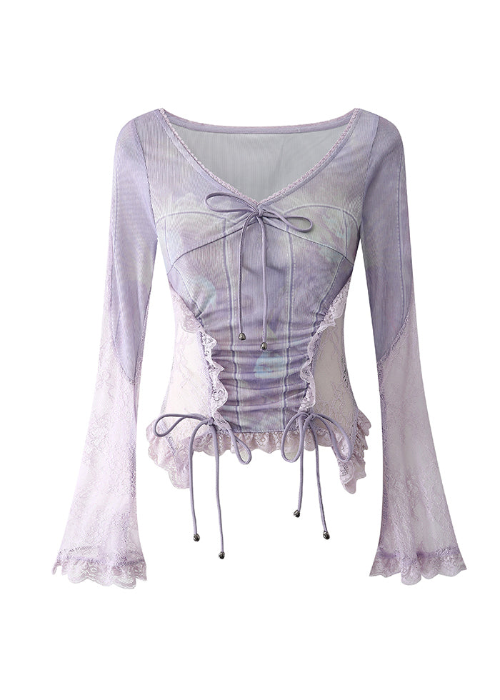 Style Purple Lace Lace Up Patchwork Cotton Tops Fall