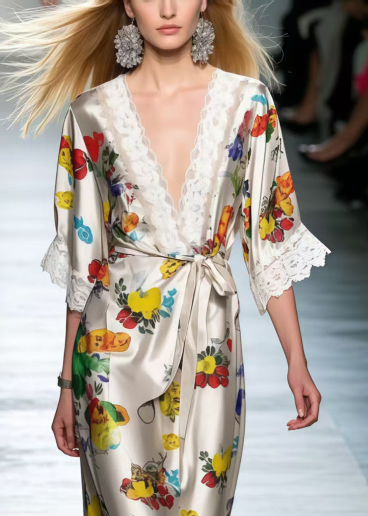 Style Tie Waist Patchwork Lace Silk Vacation Dresses Summer