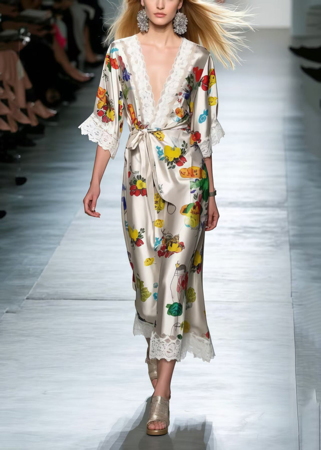 Style Tie Waist Patchwork Lace Silk Vacation Dresses Summer