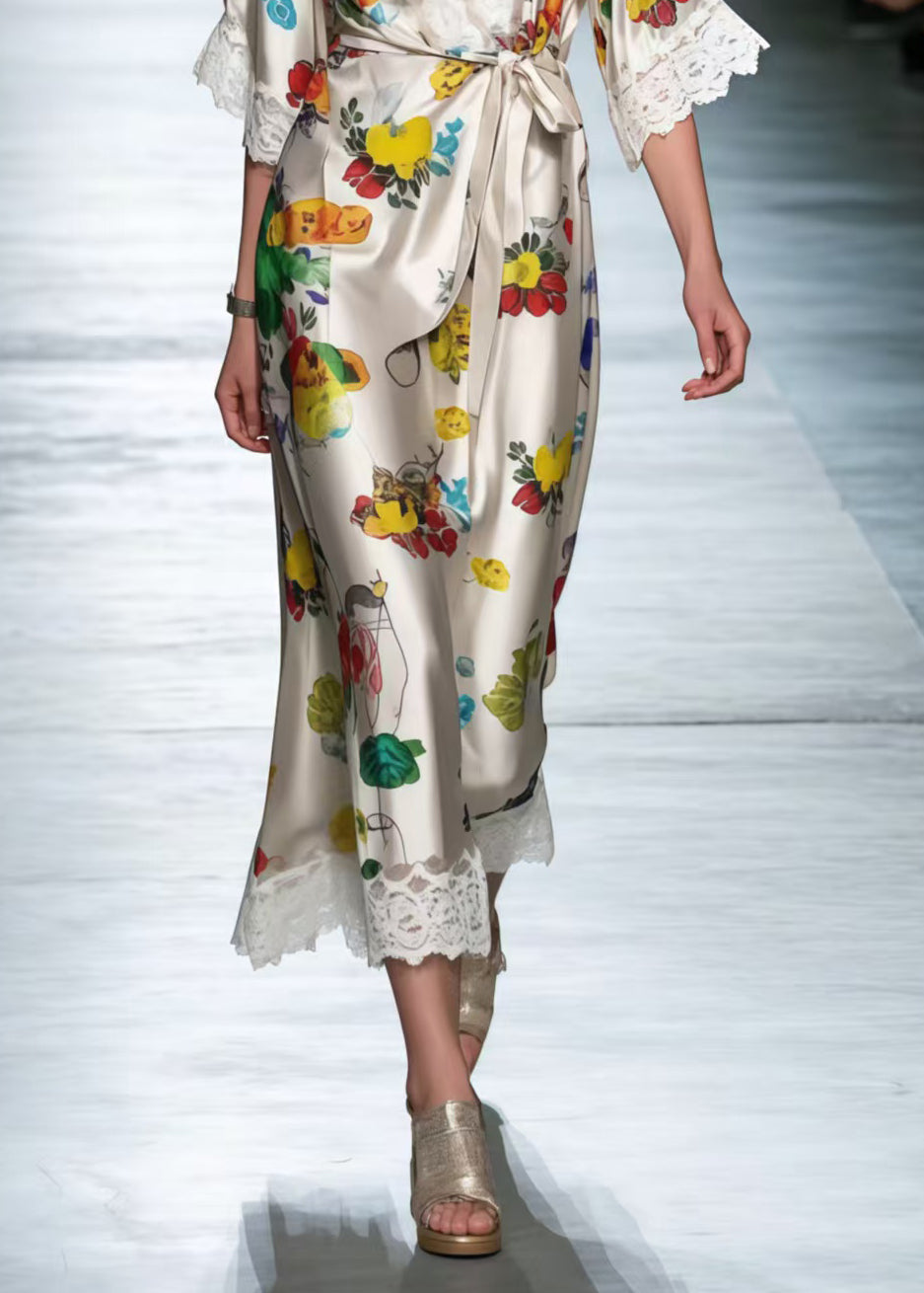 Style Tie Waist Patchwork Lace Silk Vacation Dresses Summer