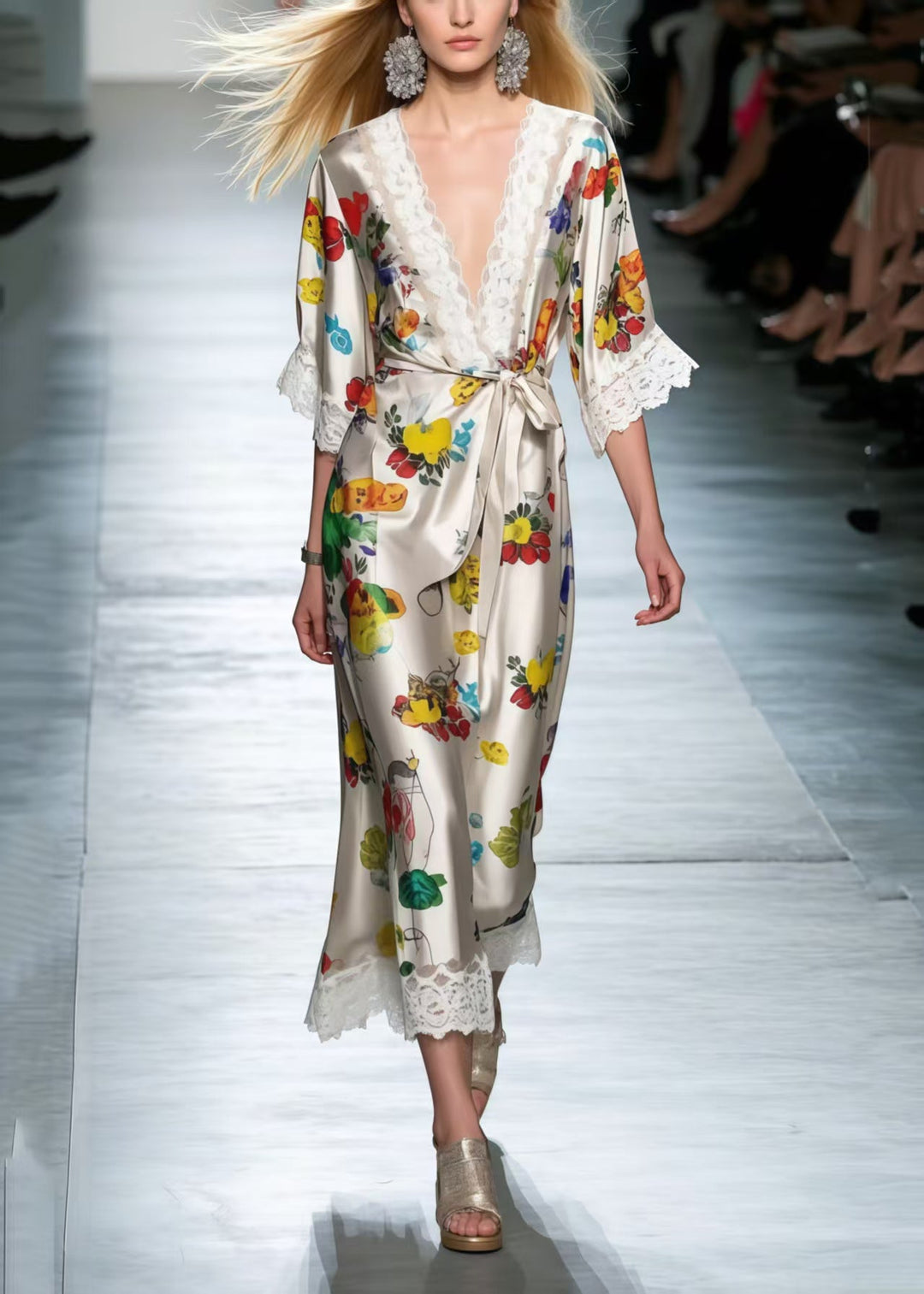 Style Tie Waist Patchwork Lace Silk Vacation Dresses Summer