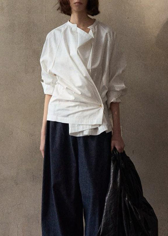 Style White Asymmetrical Button Cotton Shirt Tops Long Sleeve