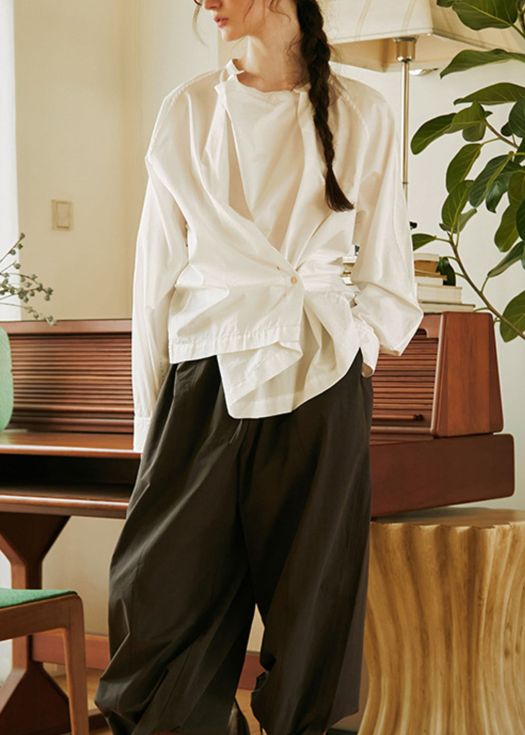 Style White Asymmetrical Button Cotton Shirt Tops Long Sleeve