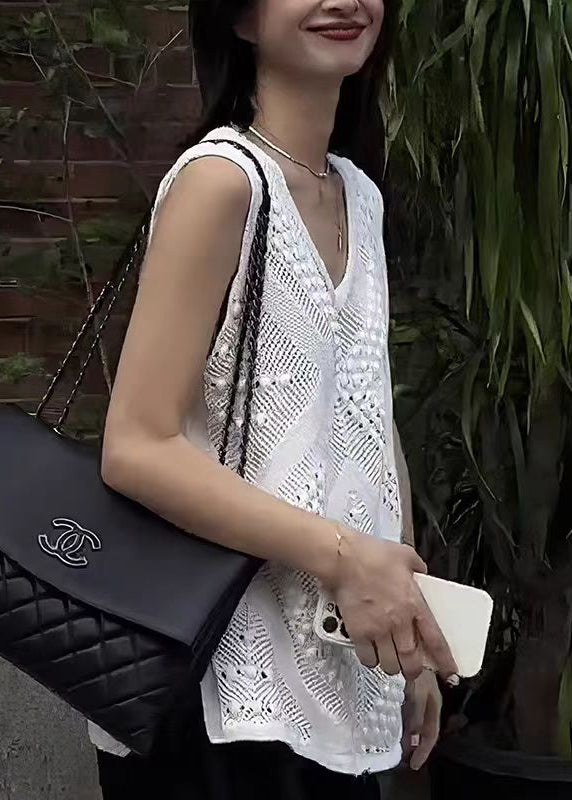 Style White V Neck Hollow Out Knit Tops Sleeveless