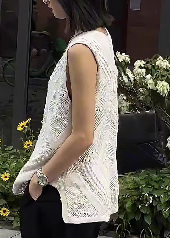 Style White V Neck Hollow Out Knit Tops Sleeveless