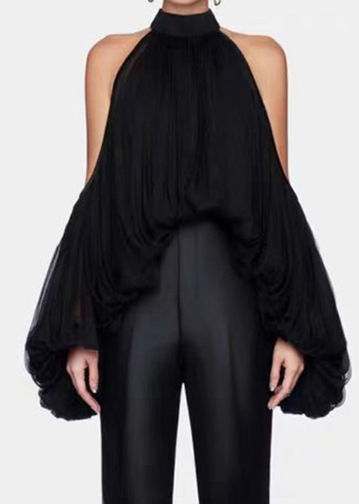 Style Yellow Cold Shoulder Wrinkled Chiffon Shirt Top Lantern Sleeve