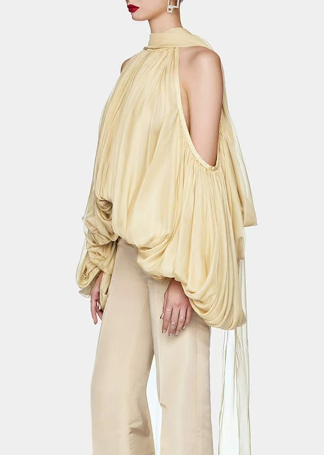 Style Yellow Cold Shoulder Wrinkled Chiffon Shirt Top Lantern Sleeve