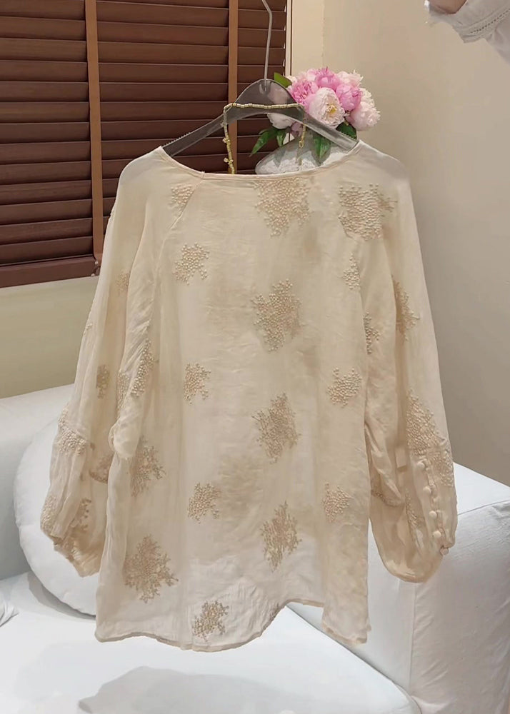 Stylish Apricot O-Neck Embroidered Cotton Blouse Top Fall
