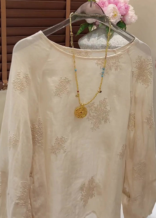 Stylish Apricot O-Neck Embroidered Cotton Blouse Top Fall