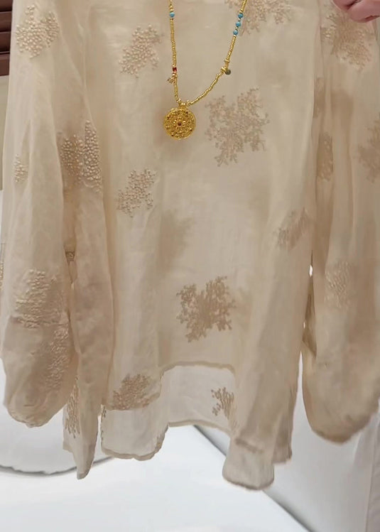 Stylish Apricot O-Neck Embroidered Cotton Blouse Top Fall