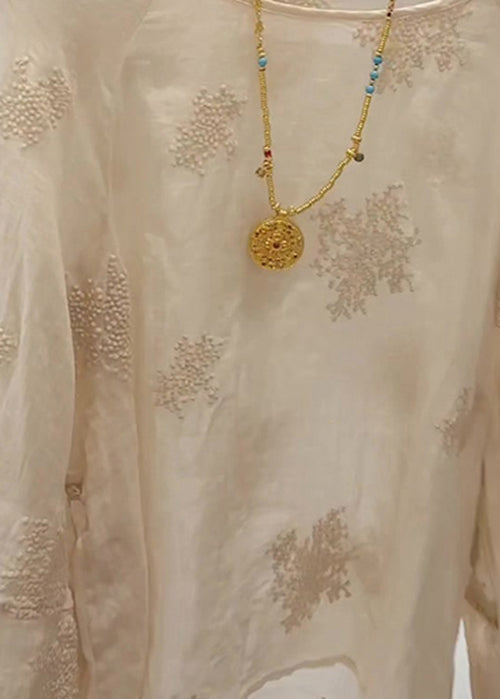 Stylish Apricot O-Neck Embroidered Cotton Blouse Top Fall