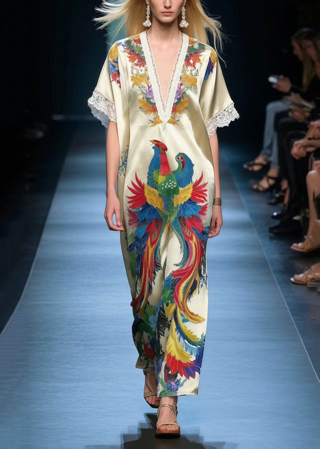 Stylish Apricot Phoenix Print Silk Vacation Dress Summer