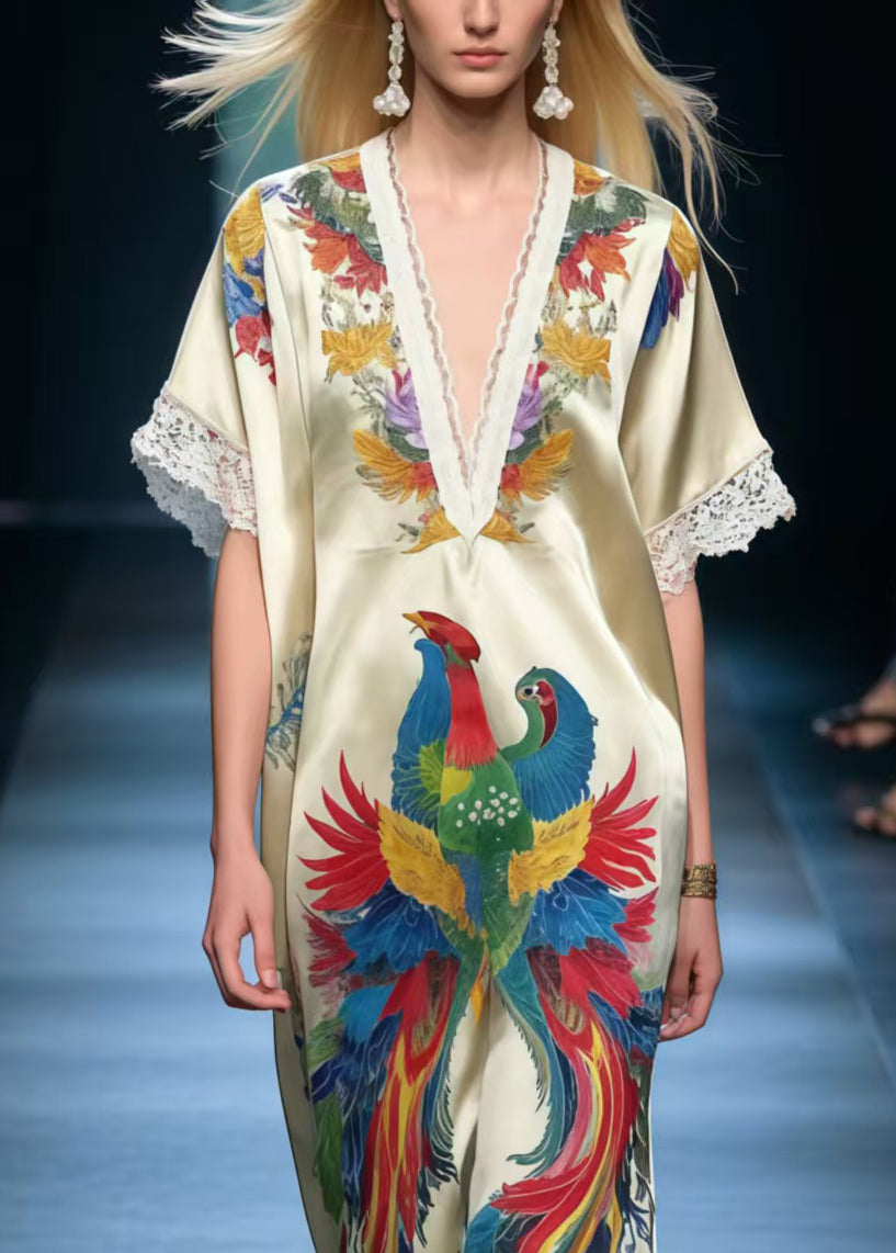 Stylish Apricot Phoenix Print Silk Vacation Dress Summer
