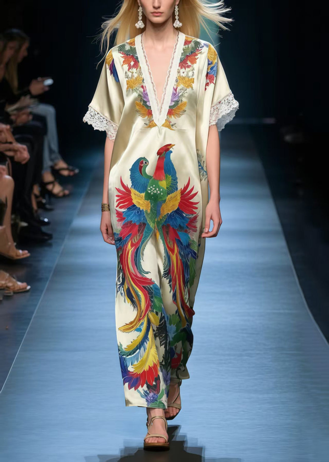 Stylish Apricot Phoenix Print Silk Vacation Dress Summer