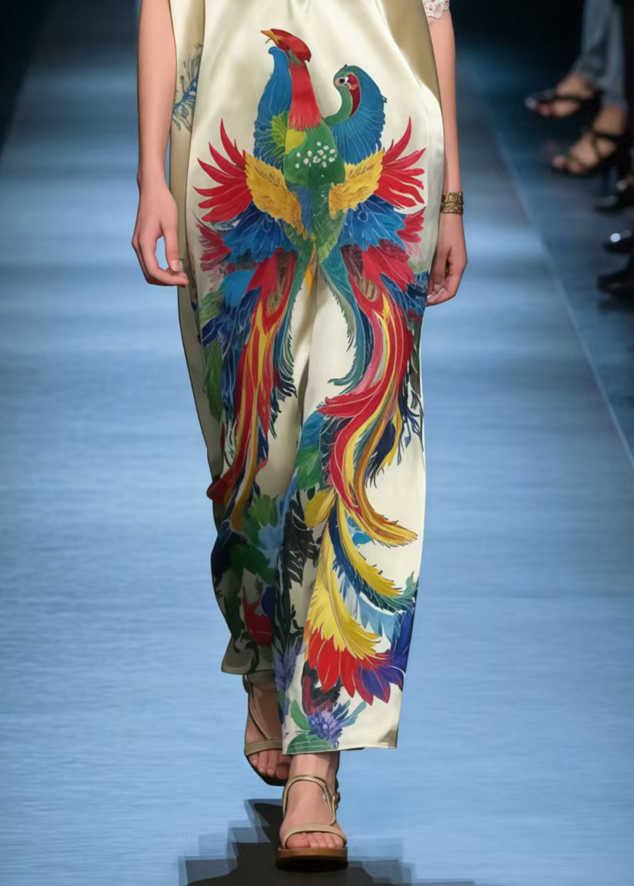 Stylish Apricot Phoenix Print Silk Vacation Dress Summer