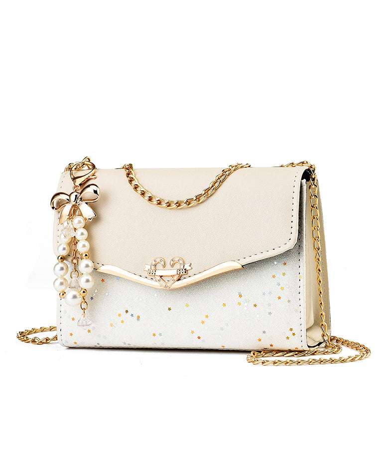 Stylish Beige Faux Leather Chain Linked Flap Bag