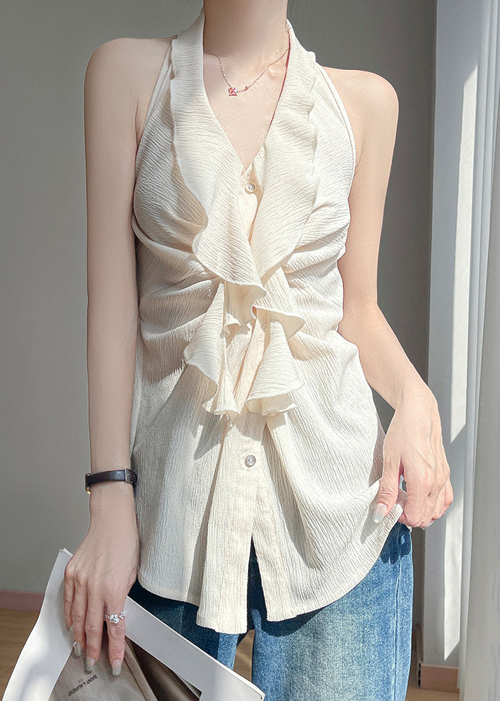 Stylish Beige Ruffled Button Cotton Shirts Sleeveless