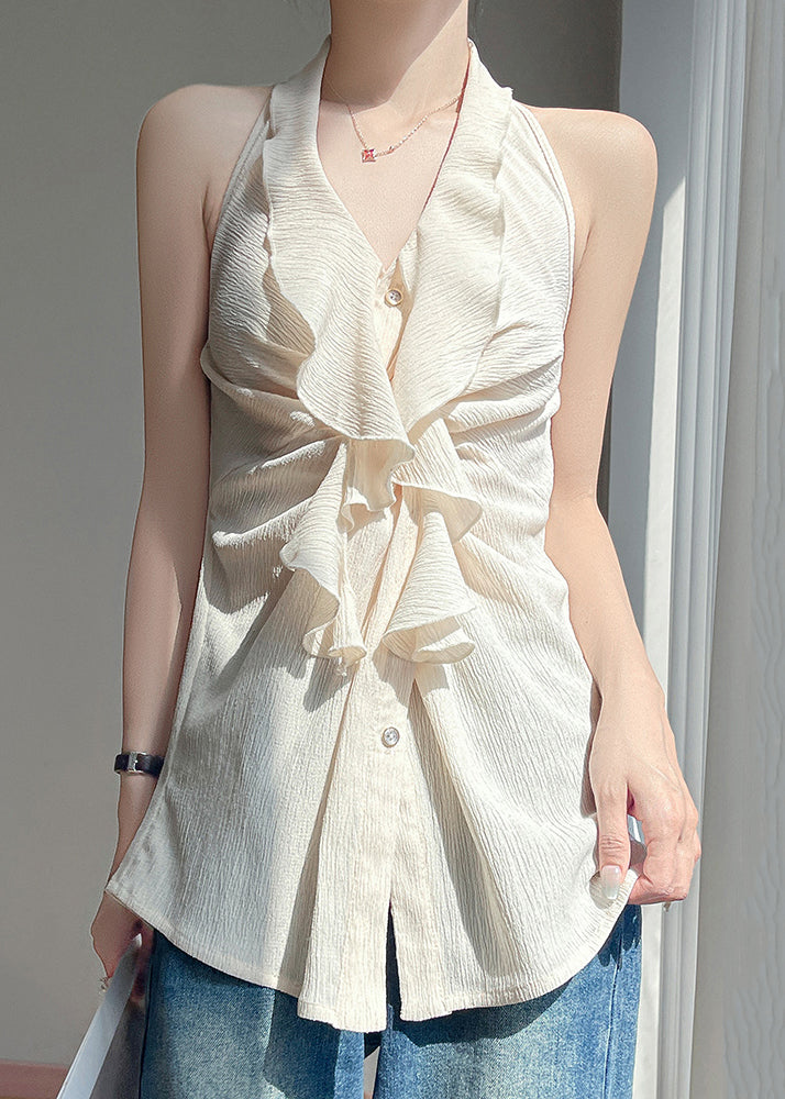 Stylish Beige Ruffled Button Cotton Shirts Sleeveless