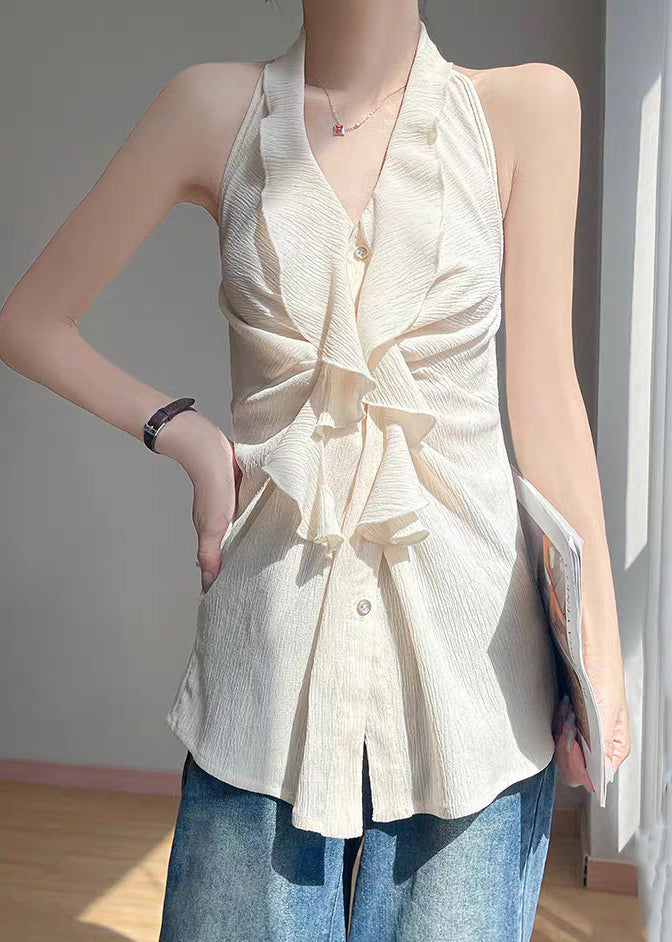 Stylish Beige Ruffled Button Cotton Shirts Sleeveless