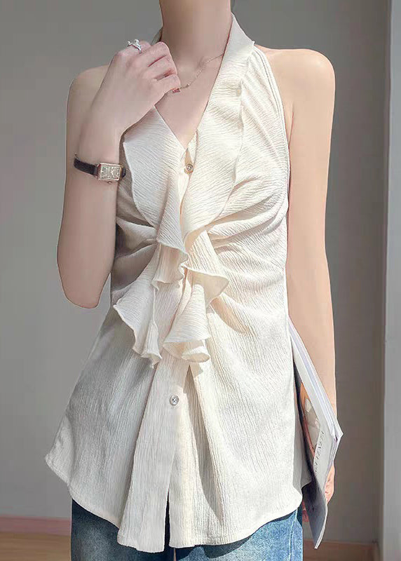 Stylish Beige Ruffled Button Cotton Shirts Sleeveless