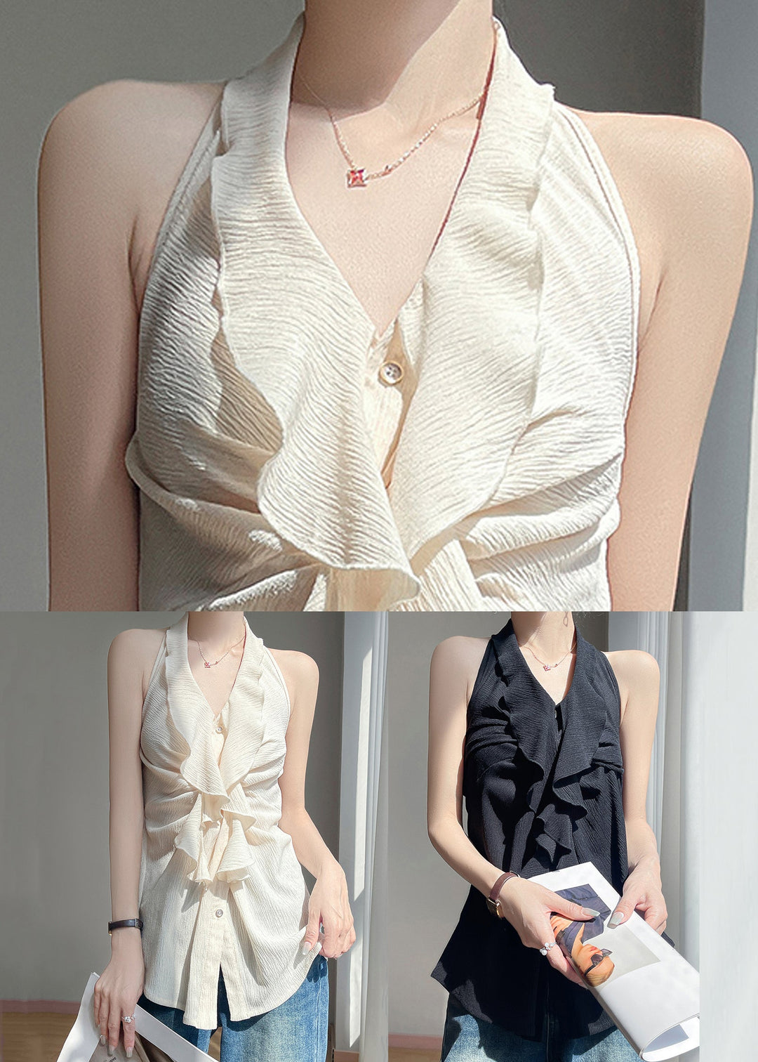 Stylish Beige Ruffled Button Cotton Shirts Sleeveless