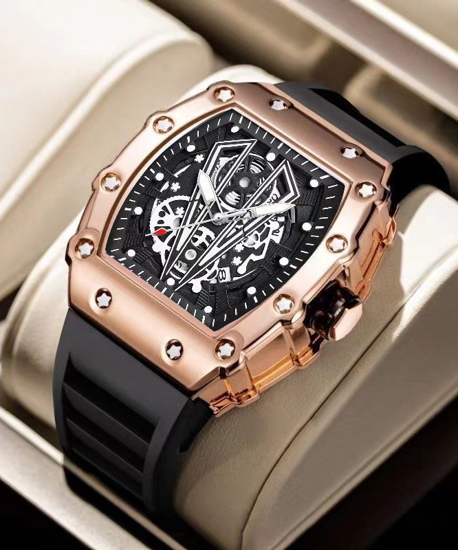 Stylish Black Alloy Hollow Out Fully Automatic Mechanical Waterproof Watch