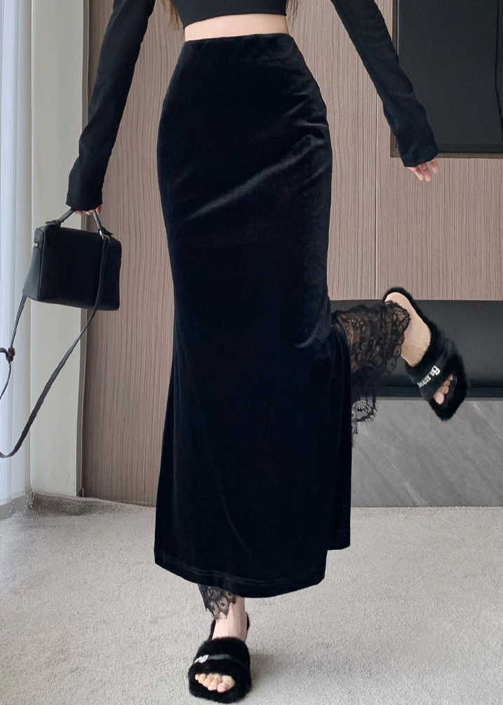 Stylish Black Lace Patchwork Silk Velvet Skirts Spring
