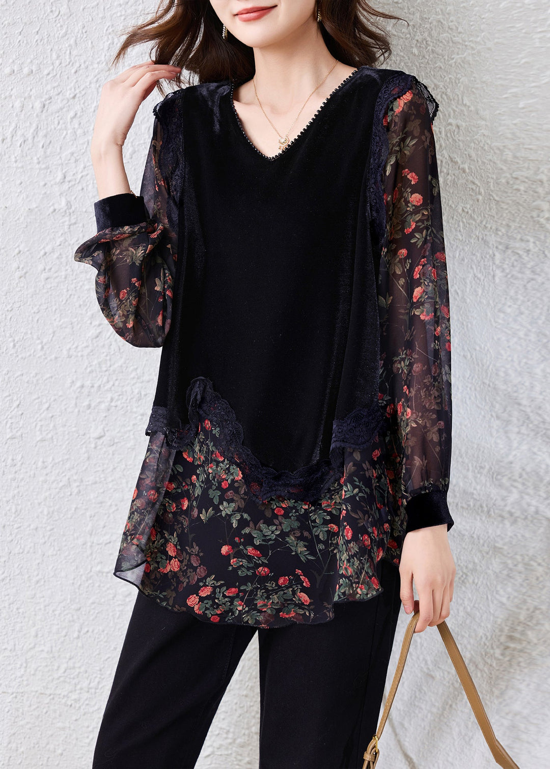 Stylish Black V Neck Print Silk Velour Patchwork Chiffon Top Fall