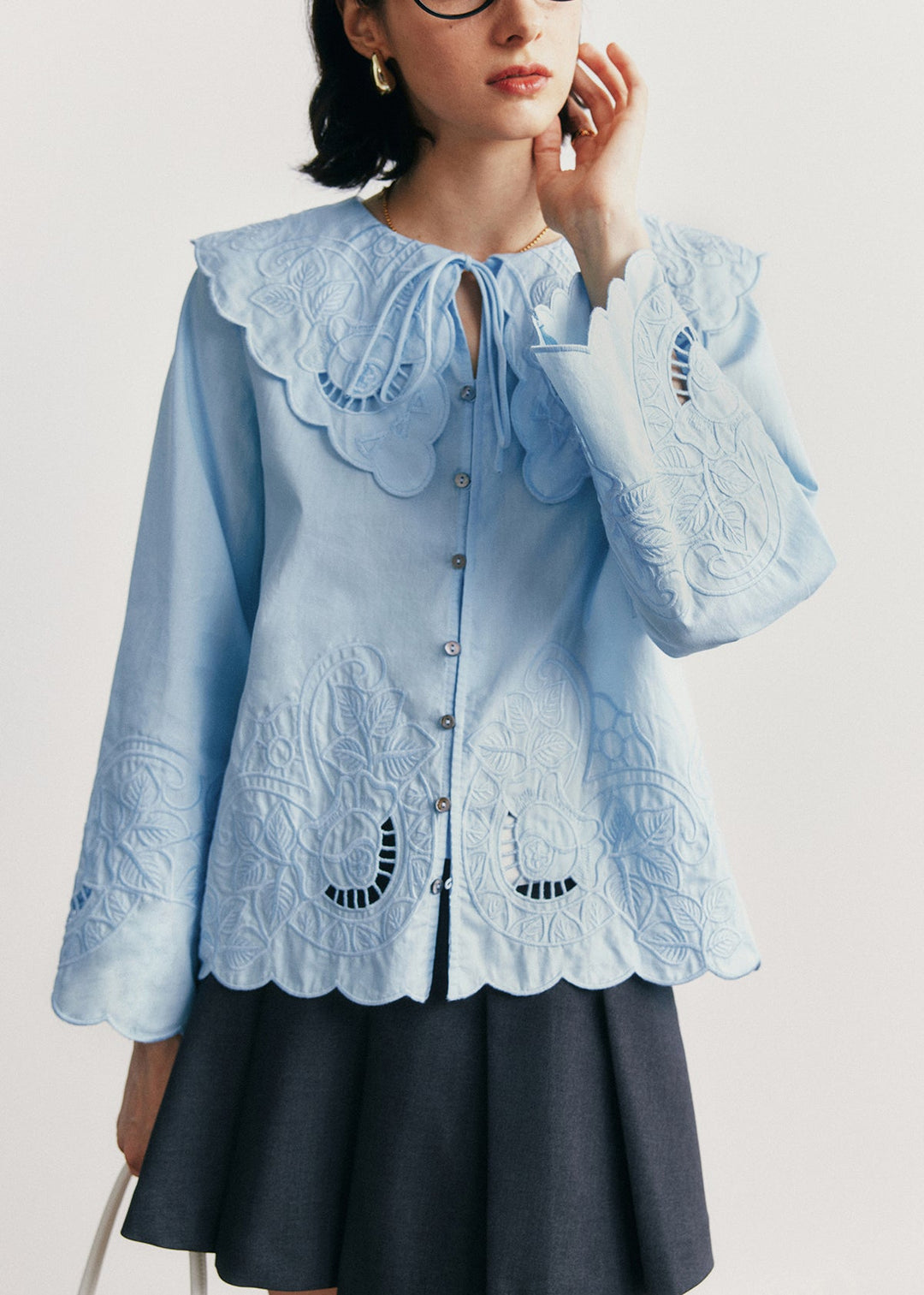 Stylish Blue Hollow Out Embroidered Cotton Blouse Tops Fall