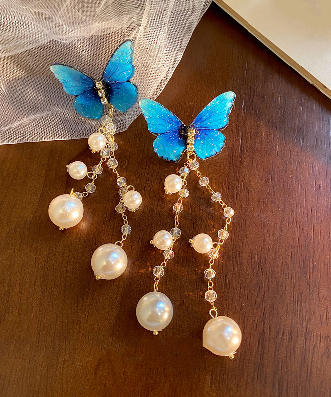 Stylish Blue Sterling Silver Overgild Butterfly Pearl Tassel Drop Earrings