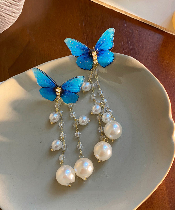Stylish Blue Sterling Silver Overgild Butterfly Pearl Tassel Drop Earrings
