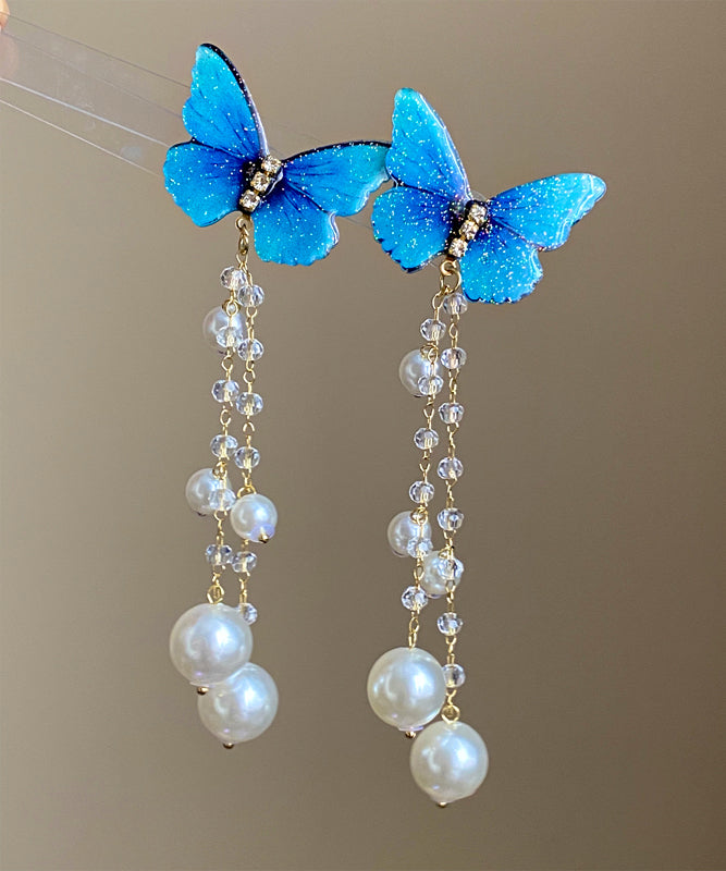 Stylish Blue Sterling Silver Overgild Butterfly Pearl Tassel Drop Earrings
