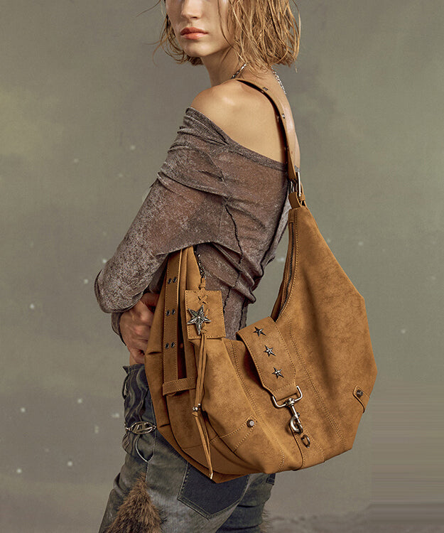 Stylish Brown Rivet Decorated Faux Leather Versatile Saddle Bag