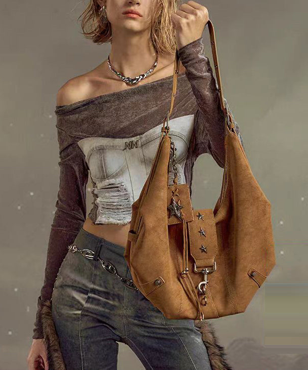 Stylish Brown Rivet Decorated Faux Leather Versatile Saddle Bag