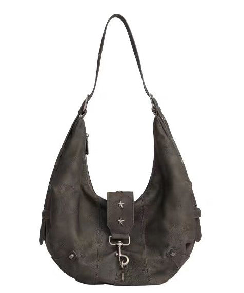 Stylish Brown Rivet Decorated Faux Leather Versatile Saddle Bag