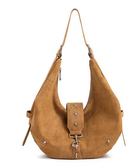 Stylish Brown Rivet Decorated Faux Leather Versatile Saddle Bag