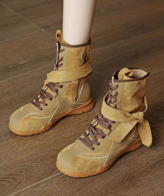 Stylish Brown Suede Lace Up Splicing Boots