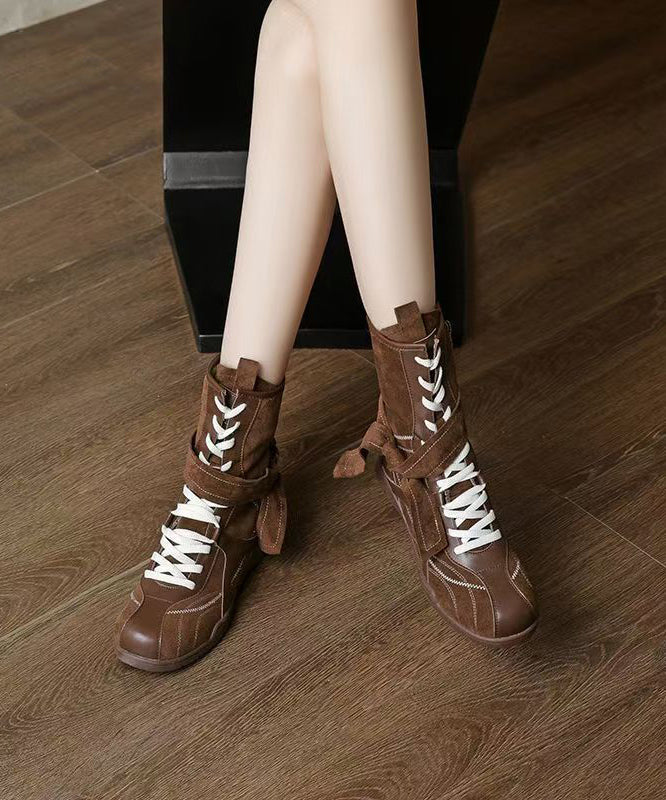 Stylish Brown Suede Lace Up Splicing Boots