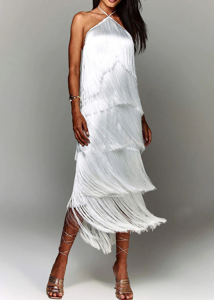 Stylish Brown Tasseled Backless Silk Halter Dress Summer