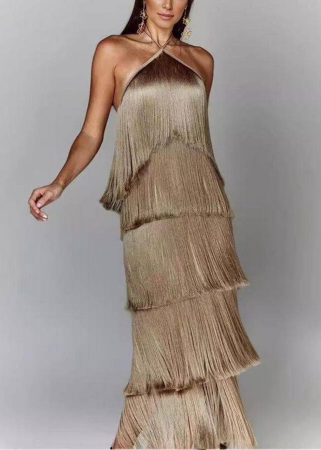 Stylish Brown Tasseled Backless Silk Halter Dress Summer