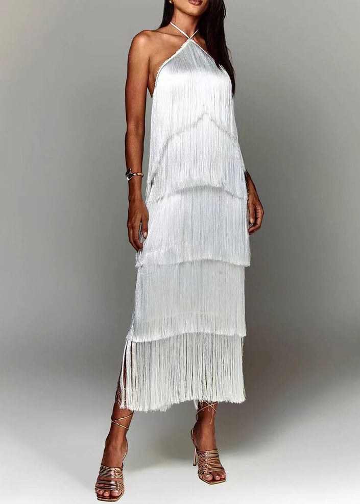 Stylish Brown Tasseled Backless Silk Halter Dress Summer