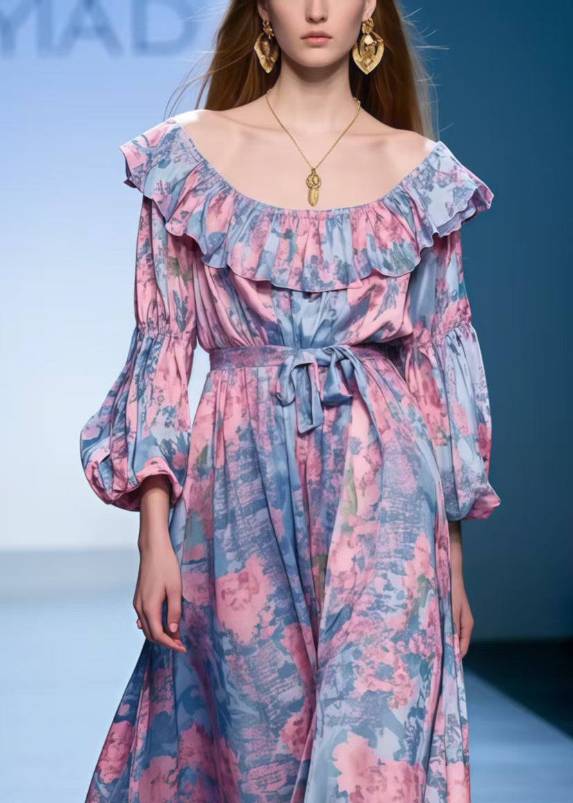 Stylish Colorblock Slash Neck Print Cotton Robe Dresses Spring