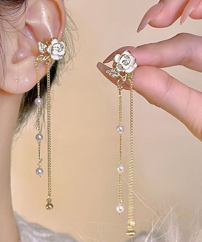 Stylish Gold Copper Overgild Floral Pearl Chain Tassel Drop Earrings